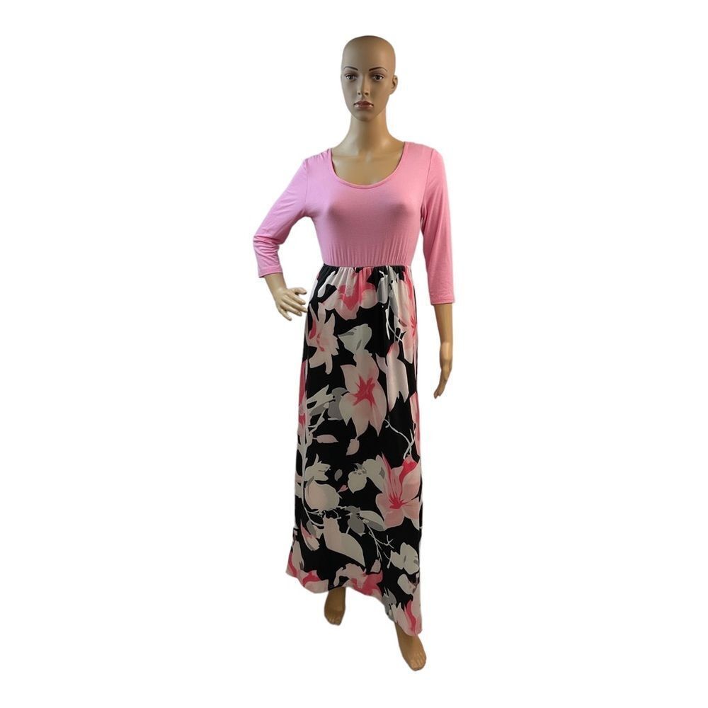 Bluetime Women's Pink Floral Printed 3/4 Sleeve Maxi Dress Size S.